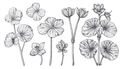 A collection of hand-drawn, monochromatic drawings of Centella asiatica leaves and flowers, in an engraved style for use in labels, stickers, menus, and packaging. - obrazy, fototapety, plakaty