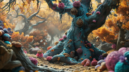 Whimsical tree painted in the surrealist style of lowbrow art, featuring exaggerated colors and playful imagery