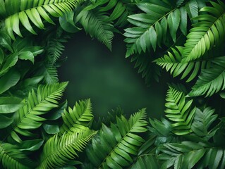 Tropical green leaves background, fern, palm and Monstera, floral jungle concept background