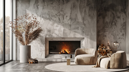 fireplace in a modern interior living room - obrazy, fototapety, plakaty