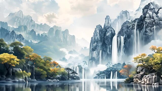 流れ落ちる滝と自然風景,Generative AI 