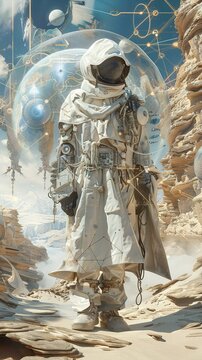 A bright portrait of an inventor in desert attire, surrounded by arcane symbols and nanotechnology prototypes, under the protective gaze of wards, 