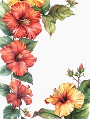 Elaborate frame edge featuring crimson and golden hibiscus blossom and foliage.
