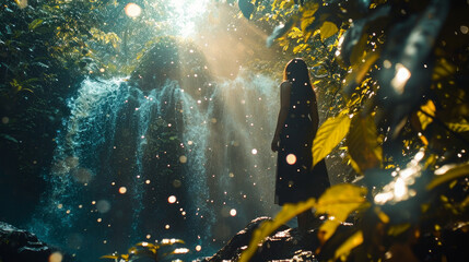 Waterfall resembling the effect created by an anamorphic lens flare, projected onto a surface with light - obrazy, fototapety, plakaty