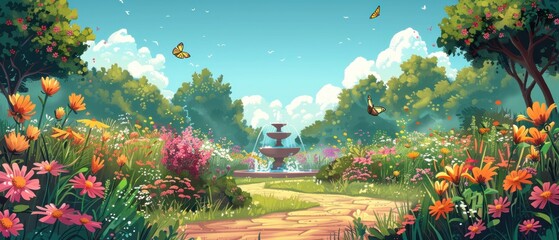 A beautiful garden with a fountain and butterflies - obrazy, fototapety, plakaty