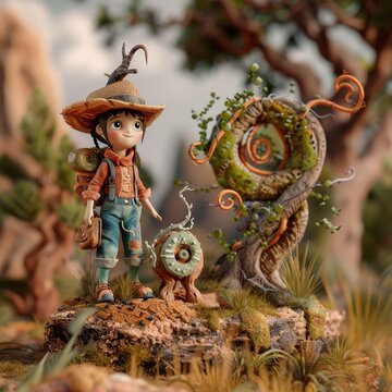 A cowgirl explores an enchanted forest, finding a whimsical clay figure beside an ouroboros wind spiral, set against a backdrop of speed and fusion, 