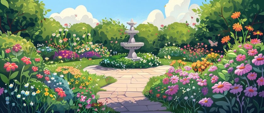 A beautiful garden with a fountain in the middle