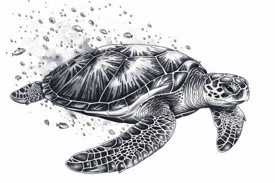 Hand-drawn engraving of a sea turtle in an underwater scene.
