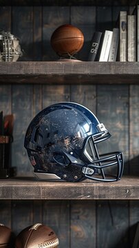 Classic football helmet on shelf, dim light, side angle view , clip art, 8K , high-resolution, ultra HD,up32K HD