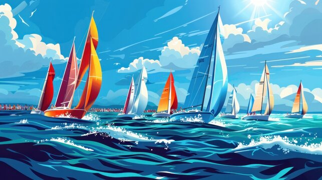 A painting of sailboats in the ocean with a blue sky
