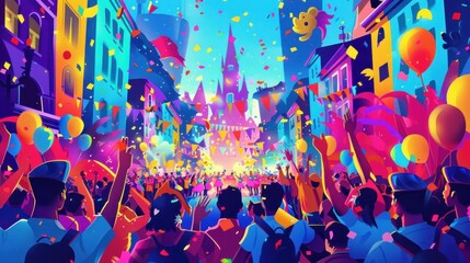 A colorful cityscape with a large crowd of people celebrating - obrazy, fototapety, plakaty