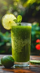 Close-up of a cold glass of green juice garnished with a slice of lime and mint leaves