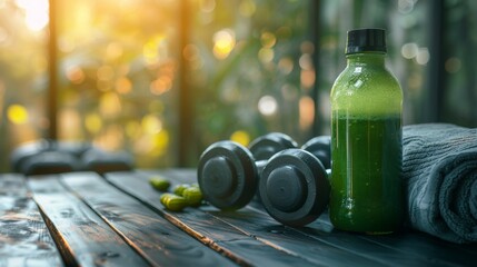 Fitness-focused scene with a bottle of homemade green juice, dumbbells, and a towel on a wooden deck - obrazy, fototapety, plakaty