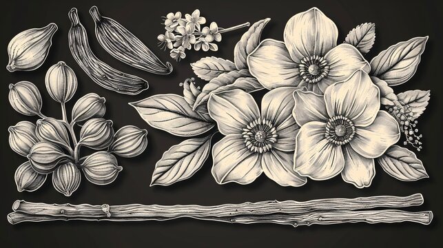 A set of Vanilla Blossoms and Sticks featuring a hand-drawn illustration of an Orchid and pods on a white background, paired with an outline sketch of a spice in a bold black ink style.