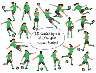 Vector isolated figures of Korean or Chinese teenage girls football players and goalkeepers in green equipment in various poses and motion - obrazy, fototapety, plakaty
