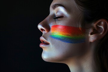 a woman with rainbow face paint