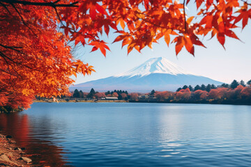 紅葉の山中湖に浮かぶ冠雪の秋の逆さ紅