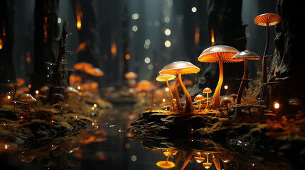 Gold fantasy mushroom in fantastic forest