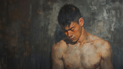 Fototapeta na wymiar Sad Asian guys, sad guy, grief, muscular men, muscular, funeral, disappointment, heartbroken, empty space for writing 