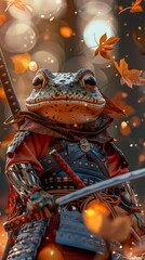 Frog samurai duel, fallen leaves, dusk light, frontal view, wide lens , clip art, 8K , high-resolution, ultra HD,up32K HD