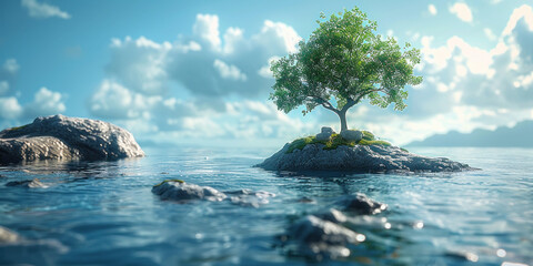 Lonely tree growing on a rock in the middle of a serene water with dramatic clouds in the background