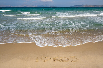 Marmari beach with golden sand, emerald waters, the best beach of Kos. Dodecanese, Greece