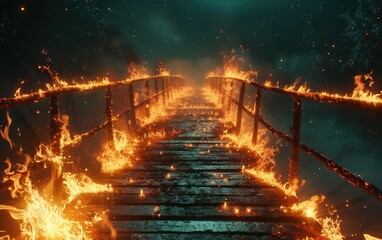 Eerie bridge ablaze with flames at night - obrazy, fototapety, plakaty