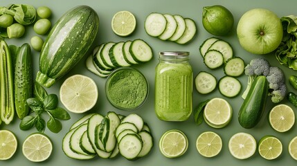 Fresh cucumber drink in a glass bottle on a background of lemons, cucumbers and mint leaves, copy space banner.
Concept: healthy eating and detox water recipes, weight loss - obrazy, fototapety, plakaty