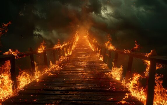 Burning bridge in a dark, foreboding setting