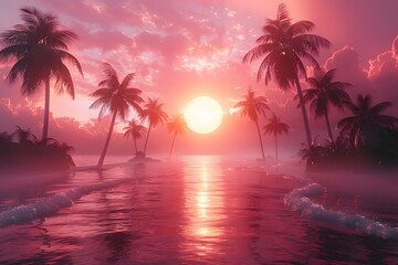Fototapeta na wymiar Beautiful Sunset With Palm Trees and Sun Reflecting in Water Generative AI