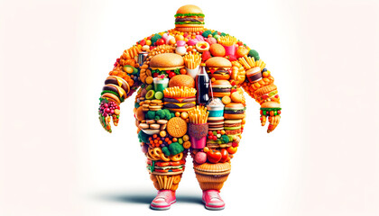 A human figure made of various fast foods on a light background, representing the concept of obesity and unhealthy eating habits. Generative AI