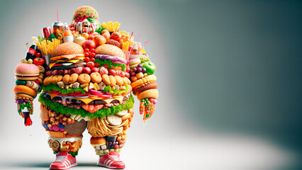 A creative depiction of a figure symbolizing obesity made from various fast foods on a light background, illustrating the concept of unhealthy eating habits. Generative AI