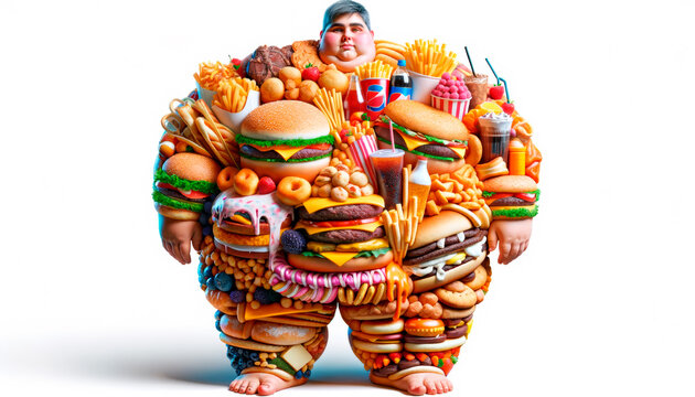 A composite image illustrating the concept of obesity with a person merged with an array of fast food on a white background, Generative AI. Generative AI