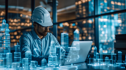 Double exposure of Engineer working on laptop computer in modern office with cityscape background.