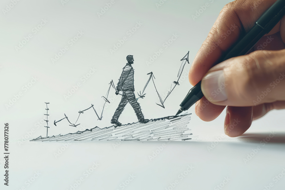 Poster hand drawing a man walking up a sketch of growth charts on a white background, concept of business p