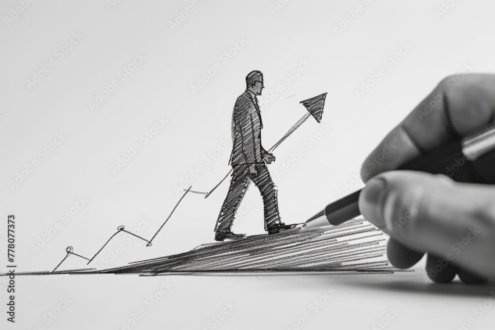 Poster a sketch of a person holding a graph arrow on a growth chart, drawn by a hand with a pen, white back
