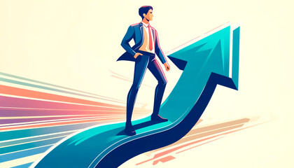 Illustrated man in a suit standing on a rising arrow, digital art on abstract background symbolizing progress. Generative AI