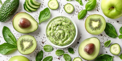 collage of ingredients for a healthy diet with fresh cucumbers and avocado, basil and lime.
Concept: vegetarian and raw food cuisine, cooking courses and detox