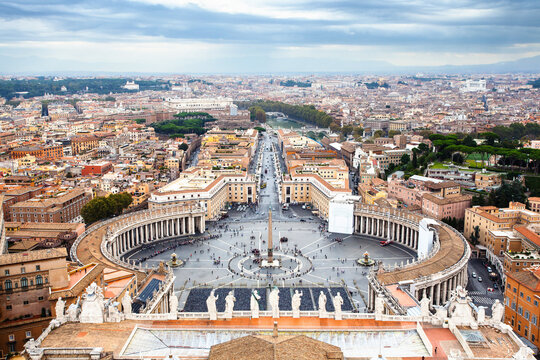 Aerial view of Rome historic center, one of the most popular travel destination in Italy, as seen from the Papal Basilica of Saint Peter in the Vatican (St Peter's Basilica)