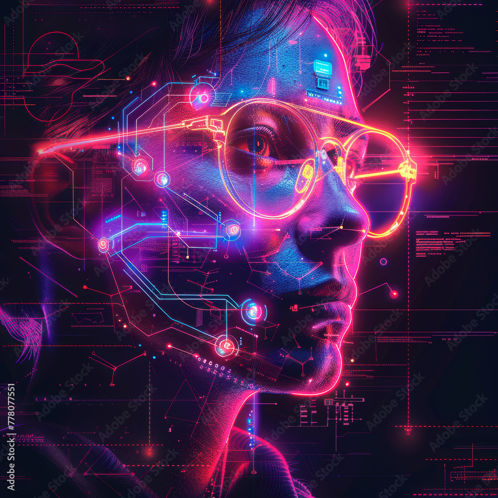Poster digital artwork of a stylized face with neon circuitry overlays on a dark purple background, embodyi