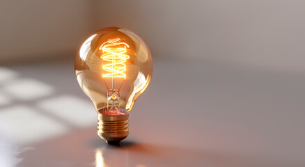 Glowing lightbulb on a smooth surface against a blurred background, symbolizing a bright idea or a creative concept. Generative AI