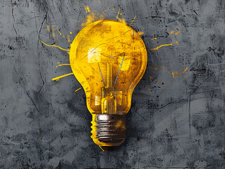A vibrant yellow lightbulb with splashes of paint, on a textured grey background, symbolizing a bright idea, Generative AI. Generative AI