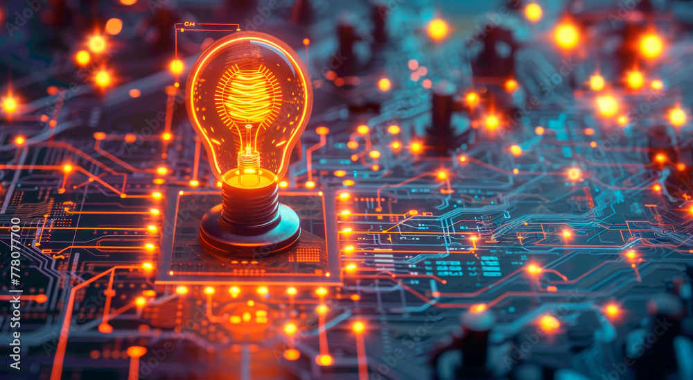 Poster illuminated lightbulb on a circuit board background, concept of innovation and technology, generativ