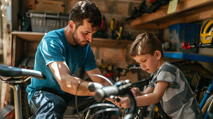 Fototapeta na wymiar Father and son repairing a bicycle in the garage