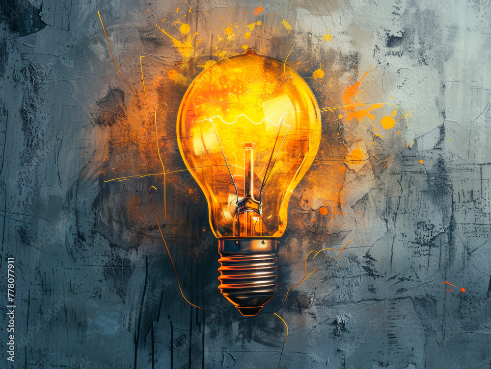 Aufkleber An illuminated lightbulb against a grungy grey background symbolizes a creative concept or idea. Generative AI