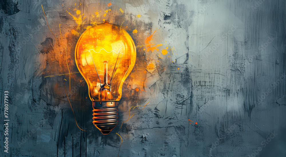 Aufkleber Illuminated lightbulb against a textured grey background, symbolizing a bright idea, Generative AI. Generative AI