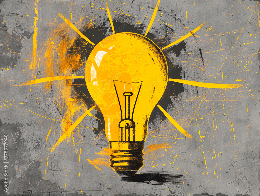 Poster illustrated lightbulb amidst bright splashes on a textured grey background symbolizing a creative co