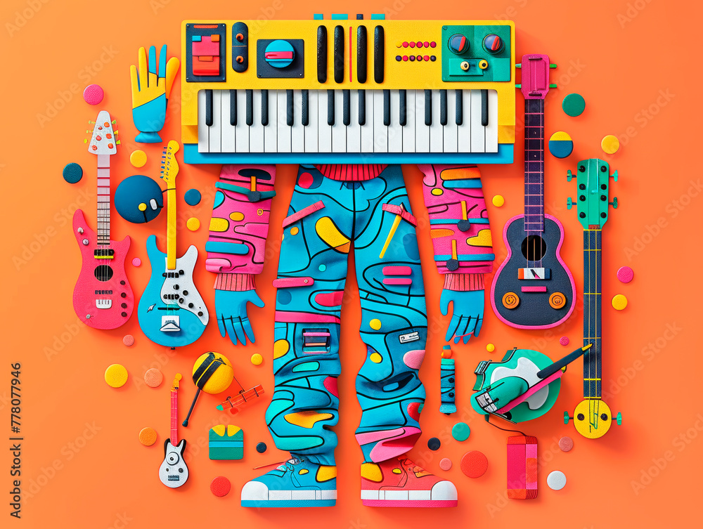 Poster colorful music-themed artwork with a figure made of instruments on an orange background, depicting a