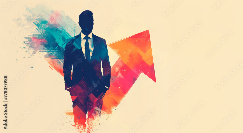 Poster silhouetted businessman with abstract geometric shapes on a light watercolor-style background, depic