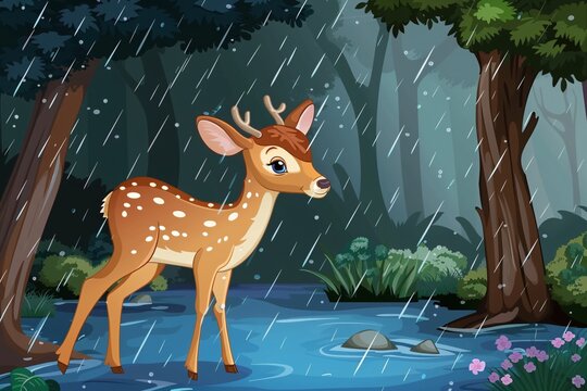 a cartoon of a deer in the rain